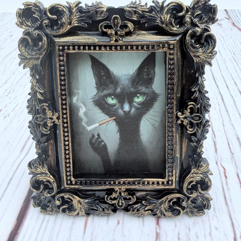 Smoking Black Cat Miniature Art Print Ornate Baroque Gold Black Frame 4x3.25